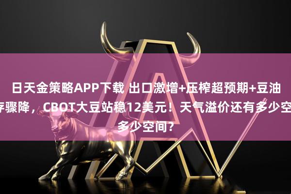 日天金策略APP下载 出口激增+压榨超预期+豆油库存骤降,CBOT大豆站稳12美元!天气溢价还有多少空间?